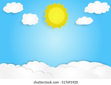 cloud with sky background, vector, copy space for text, illustration, paper art and origami style, children book cover