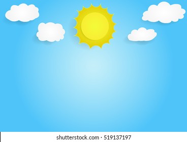 Cloud With Sky Background, Vector, Copy Space For Text, Illustration, Paper Art And Origami Style, Children Book Cover