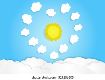 cloud with sky background, vector, copy space for text, illustration, paper art and origami style