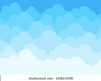 Cloud Sky Cartoon Background. Blue Sky With White Clouds Flat Poster Or Flyer, Cloudscape Panorama Pattern Vector Seamless Colored Abstract Fluffy Texture