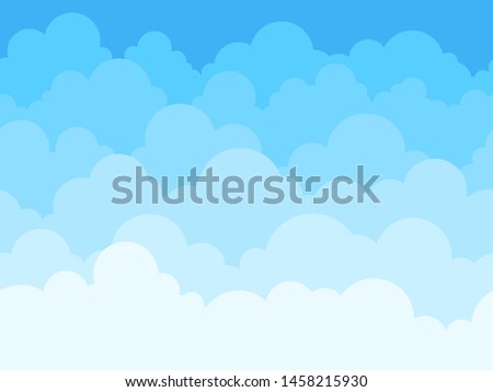Cloud sky cartoon background. Blue sky with white clouds flat poster or flyer, cloudscape panorama pattern vector seamless colored abstract fluffy texture