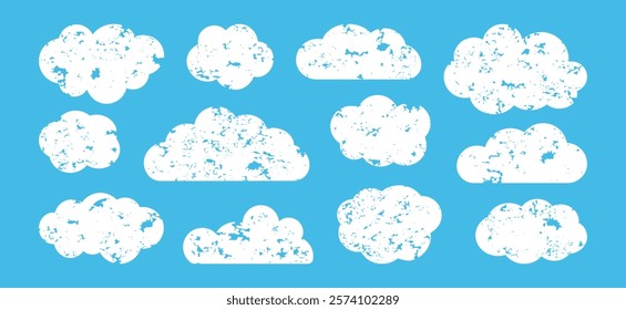 Cloud sky chalk icon, white charcoal shape on blue background. Grunge children pastel doodle icon. Cute scribble bubble set crayon design on color bg. Pastel childish vector illustration