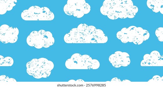 Cloud sky chalk seamless pattern, white crayon shape on blue background. Child charcoal doodle, abstract bubble scribble bg. Grunge vector illustration