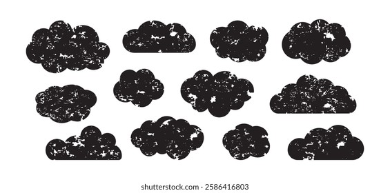 Cloud sky charcoal icon, black coal shape. Grunge children crayon icon. Cute scribble bubble set chalk design isolated on white background. Paint brush childish vector illustration