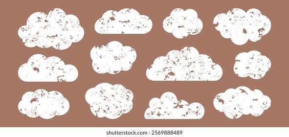 Cloud sky crayon icon, white chalk shape on background mocha mousse color. Grunge children pastel doodle icon. Cute scribble bubble set. Trendy colour 2025 year. Charcoal vector illustration