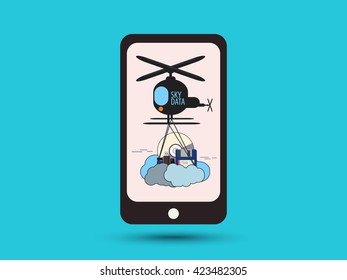 Cloud sky data with mobile helicopter cartoon concept vector 