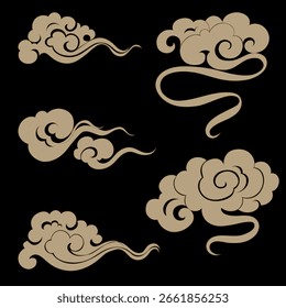 Cloud Sky isolated on black background,Set Hand drawn linear oriental Chinese clouds,Vector Elegant Asian traditional ornaments decoration for Chinese New Year,Japanese Golden cloudy elements 