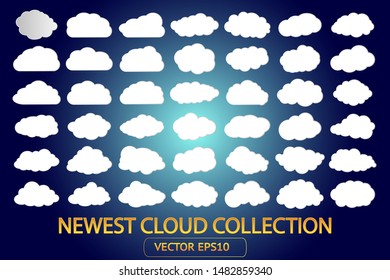 Cloud sky isolated vector icon set on background. Cartoon cloudy illustration shape art collection for web, weather, wallpaper, heaven, technology, summer, spring, flyer. Nature cloudscape