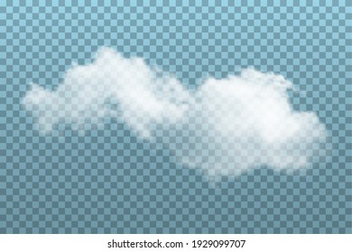 Cloud in sky on blue transparent background. Realistic fluffy white object vector illustration. Cloudy day in summer or spring, nature outdoor.