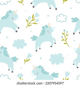 Cloud sky pattern with unicorns and flowers. Girly vector seamless print for textile and nursery.