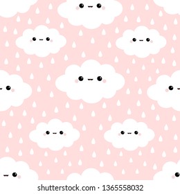 Cloud in the sky. Rain drop. Seamless Pattern. Cute cartoon kawaii funny smiling baby character. Wrapping paper, textile template. Nursery decoration. Pink background. Flat design. Vector illustration