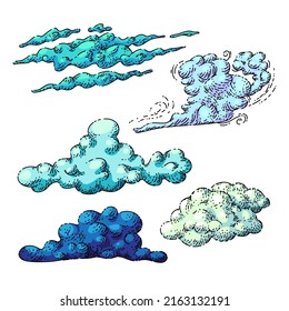 cloud sky set sketch hand drawn vector weather art, heaven storm, nature rain, air dream vintage color line illustration