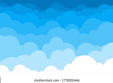 Cloud sky vector background pattern in cartoon style for summer sunshine poster design. Light blue flat fluffy heaven clouds illustration for banner scene backdrop. White and blue nature landscape V2