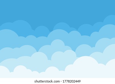 Cloud sky vector background pattern in cartoon style for summer sunshine poster design. Light blue flat fluffy heaven clouds illustration for banner scene backdrop. White and blue nature landscape V1