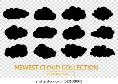 Cloud sky vector black icon set on white background. Isolated cartoon cloud sky vector illustration. Cloud shape art collection. Cloud silhouette for spring, summer landscape background. Cloudy sky