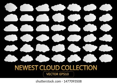 Cloud sky vector white icon set on black background. Isolated cartoon cloud sky vector illustration. Cloud shape art collection. Cloud silhouette for spring, summer landscape background. Cloudy sky