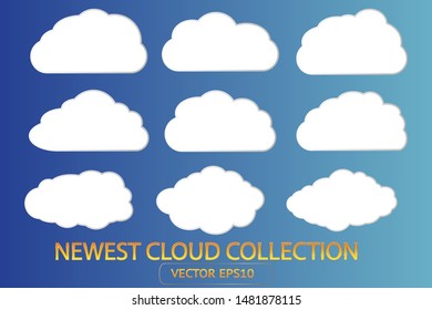 Cloud sky vector white icon set on blue background. Isolated cartoon cloud sky vector illustration. Cloud shape art collection. Cloud silhouette for spring, summer landscape background. Cloudy sky