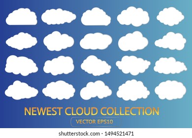 Cloud sky vector white icon set on blue background. Isolated cartoon cloudy illustration shape art collection for web, weather, wallpaper, heaven, summer, spring, flyer