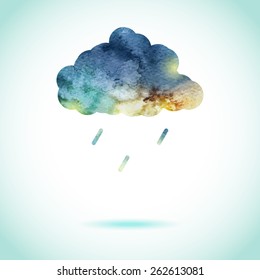 Cloud sky watercolor hand painted icon. Flat vector pattern silhouette isolated. Textured vintage weather old style card with lights and volume shadows.