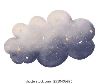 Céu na Nuvem, Estrelas isoladas no fundo branco, Aquarela clipart roxo fluffy nublado, amarelo e branco estrela, Bonito desenho animado mão pintar pastel Lápis ou carvão vegetal, Projeto de elemento de vetor para crianças, Chá de bebê