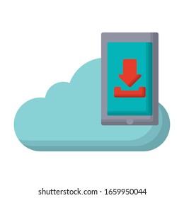 cloud and smartphone with download arrow over white background, vector illustration