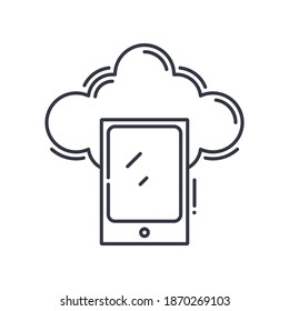 Cloud-Smartphone-Symbol, lineare einzelne Illustration, dünne Linie, Webdesign-Zeichen, Umrisssymbol mit bearbeitbarem Strich auf weißem Hintergrund.
