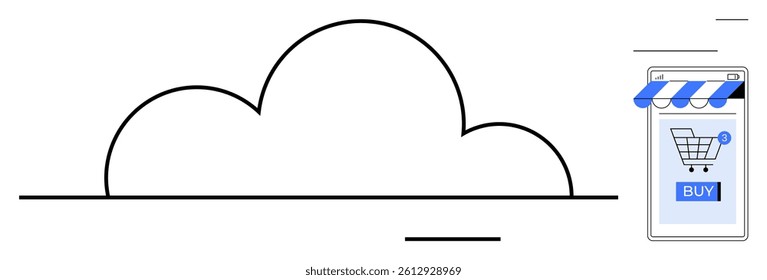 A cloud and a smartphone with a shopping cart icon and a buy button. Ideal for online shopping, cloud storage, ecommerce, digital transactions, and retail technology. Simple, modern, clean