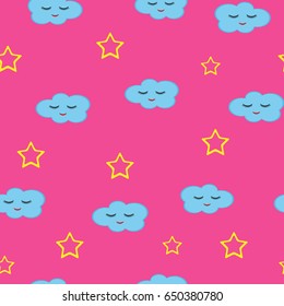 Cloud with a smiling face and the outlines of the stars. Cartoon seamless pattern. Children's vector illustration. Purple, yellow, blue, black, red.