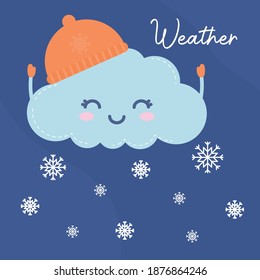 cloud smiling with one hat and snowflakes on a blue background vector illustration design