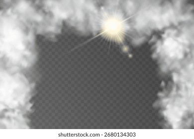 Nube o arco de humo con efecto de sol brillante sobre un fondo transparente. Adecuado para superposiciones, decoración y composiciones atmosféricas.