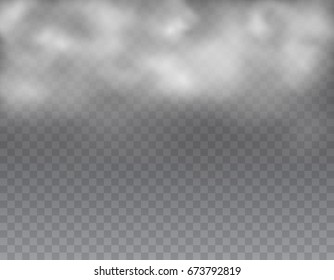 Cloud or smoke effect isolated on transparent background. White steam or vapor backdrop. Vector translucent mist or fog template for your advertising design.