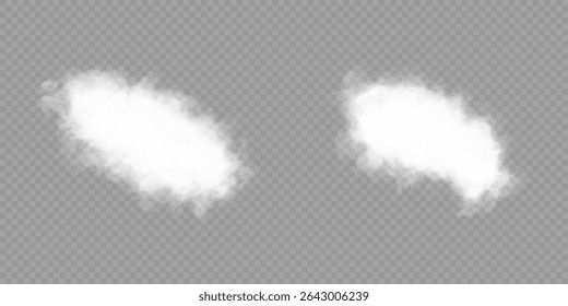Cloud, smoke, fog png. Set of vector clouds, fog or smoke on an isolated transparent background. Vector illustration. White realistic 3D vector isolated cloud on the transparent background.Vector set.