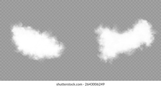 Cloud, smoke, fog png. Set of vector clouds, fog or smoke on an isolated transparent background. Vector illustration. White realistic 3D vector isolated cloud on the transparent background.Vector set.
