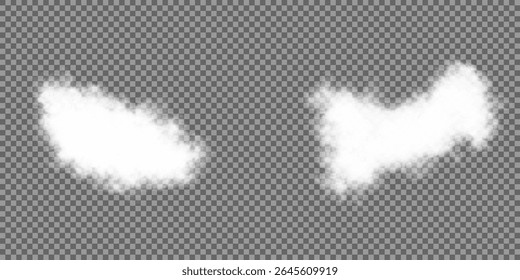 Cloud, smoke, fog png. Set of vector clouds, fog or smoke on an isolated transparent background. Vector illustration. White realistic 3D vector isolated cloud on the transparent background.Vector set.