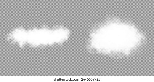 Cloud, smoke, fog png. Set of vector clouds, fog or smoke on an isolated transparent background. Vector illustration. White realistic 3D vector isolated cloud on the transparent background.Vector set.