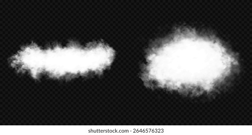 Cloud, smoke, fog png. Set of vector clouds, fog or smoke on an isolated transparent background. Vector illustration. White realistic 3D vector isolated cloud on the transparent background.Vector set.
