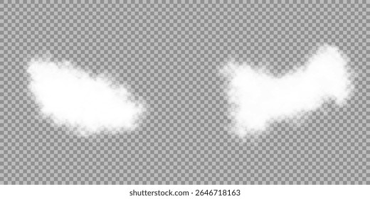 Cloud, smoke, fog png. Set of vector clouds, fog or smoke on an isolated transparent background. Vector illustration. White realistic 3D vector isolated cloud on the transparent background.Vector set.