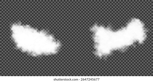 Cloud, smoke, fog png. Set of vector clouds, fog or smoke on an isolated transparent background. Vector illustration. White realistic 3D vector isolated cloud on the transparent background.Vector set.