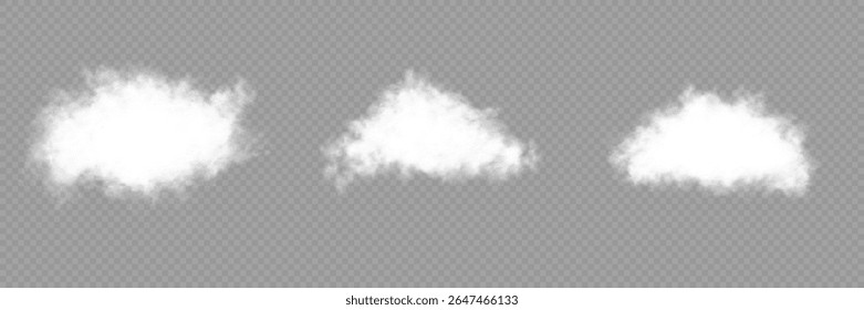Cloud, smoke, fog png. Set of vector clouds, fog or smoke on an isolated transparent background. White realistic 3D vector isolated cloud on the transparent background.Vector set. Vector illustration.
