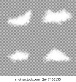 Cloud, smoke, fog png. Set of vector clouds, fog or smoke on an isolated transparent background. White realistic 3D vector isolated cloud on the transparent background.Vector set. Vector illustration.