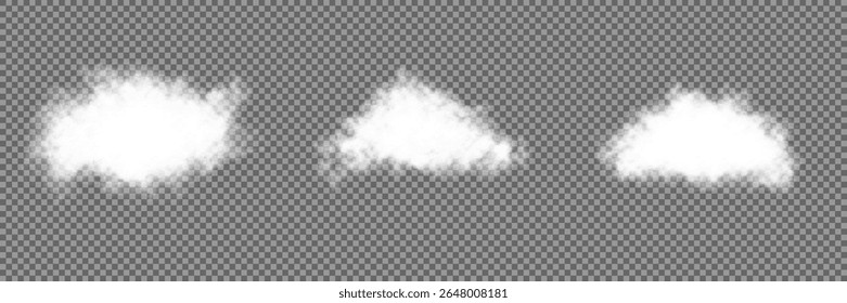 Cloud, smoke, fog png. Set of vector clouds, fog or smoke on an isolated transparent background. White realistic 3D vector isolated cloud on the transparent background.Vector set. Vector illustration.