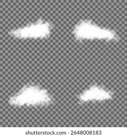 Cloud, smoke, fog png. Set of vector clouds, fog or smoke on an isolated transparent background. White realistic 3D vector isolated cloud on the transparent background.Vector set. Vector illustration.
