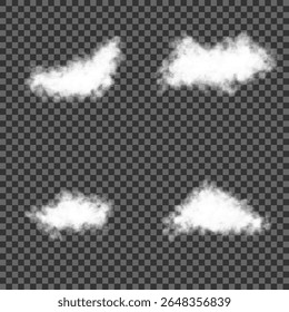Cloud, smoke, fog png. Set of vector clouds, fog or smoke on an isolated transparent background. White realistic 3D vector isolated cloud on the transparent background.Vector set. Vector illustration.