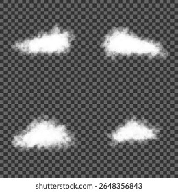 Cloud, smoke, fog png. Set of vector clouds, fog or smoke on an isolated transparent background. White realistic 3D vector isolated cloud on the transparent background.Vector set. Vector illustration.
