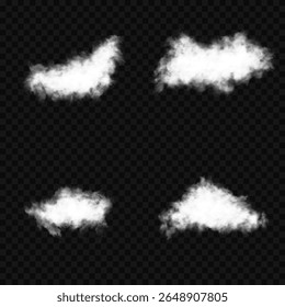 Cloud, smoke, fog png. Set of vector clouds, fog or smoke on an isolated transparent background. White realistic 3D vector isolated cloud on the transparent background.Vector set. Vector illustration.