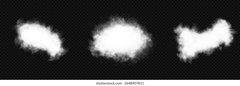 Cloud, smoke, fog png. Set of vector clouds, fog or smoke on an isolated transparent background. White realistic 3D vector isolated cloud on the transparent background.Vector set. Vector illustration.