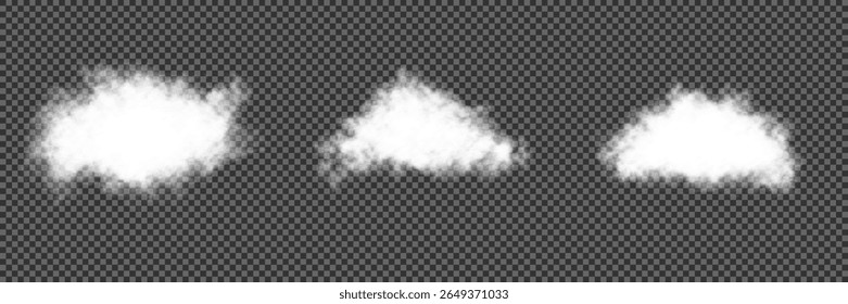 Cloud, smoke, fog png. Set of vector clouds, fog or smoke on an isolated transparent background. White realistic 3D vector isolated cloud on the transparent background.Vector set. Vector illustration.