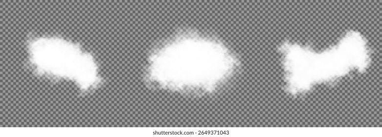 Cloud, smoke, fog png. Set of vector clouds, fog or smoke on an isolated transparent background. White realistic 3D vector isolated cloud on the transparent background.Vector set. Vector illustration.