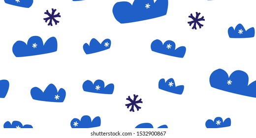 Cloud and snow boy seamless pattern, gift wrapping. Winter weather scandi with minimalist symbols and shapes. White and blue repeat textile design. Clean and simple fabric scandinavian art print.