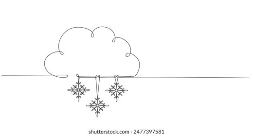 Cloud with snow - hand drawing one single continuous line banner. Vector stock illustration isolated on white background for design template weather forecast, travel blog. Editable stroke. EPS10